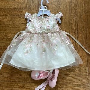Fancy White Gold and Pink Flower Baby Dress and Pink Shoes